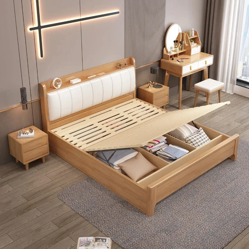 

Latest Design King Bed Oak Wood Original Factory Producing Nordic Style King Bed Oak Wood With Storage for Bedroom