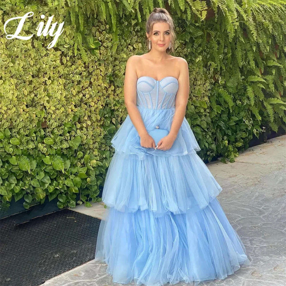 

Lily Blue Sweetheart Long Party Dresses Tiered Net A Line Vintage Night Dresses Sleeveless Celebrity Dresses vestidos de fiesta