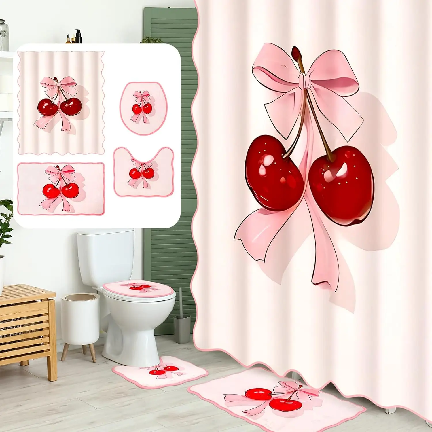 Scalloped Bow Cherry Shower Curtain Set 4 Pcs Pink Coquette Bow Bathroom Decor Set with Rugs Romantic Pink Aesthetic Bathroom Cu