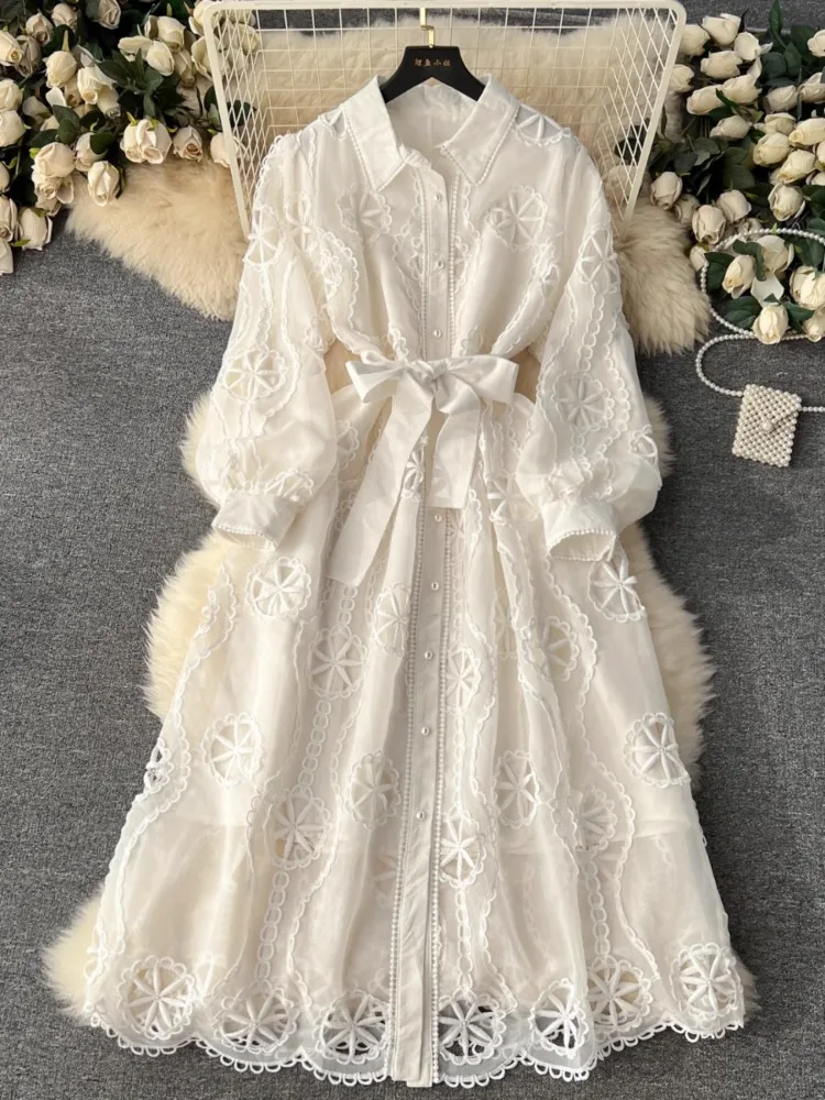 Hikigawa Chic Fashion Women Heavy Embroidery Hollow Design Slim Dresses Vintage Elegant Solid Single Breasted Vestidos Mujer