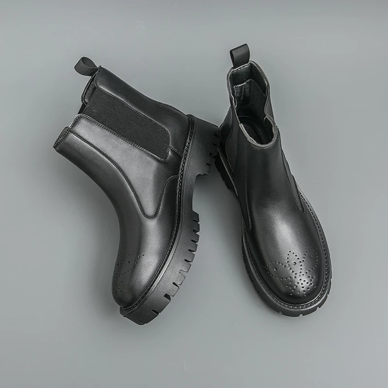 

British Style Chelsea Boots for Men, High-Top Thick-Soled Height-Increasing Leather Shoes, Fashionable Men's Chimney Short Boots