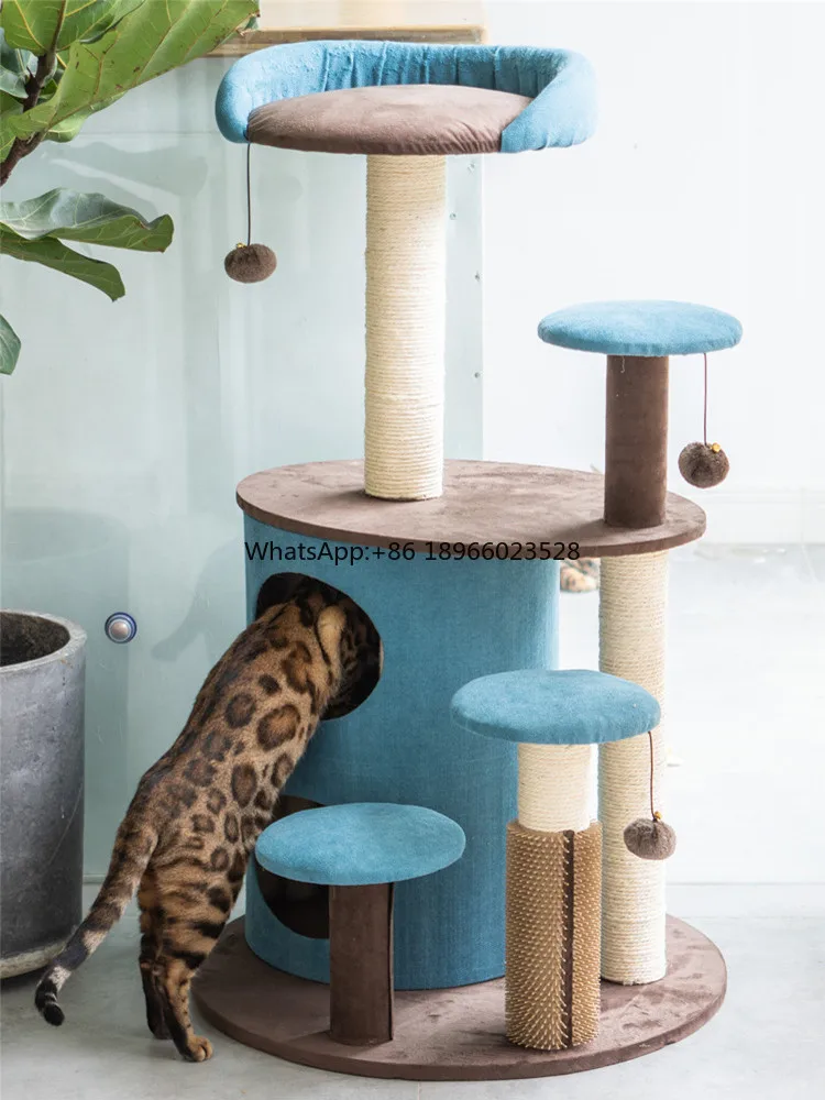 

High-end royal style blue cat climbing tower frame cute princess pink cat sisal scratching tree with hair brush