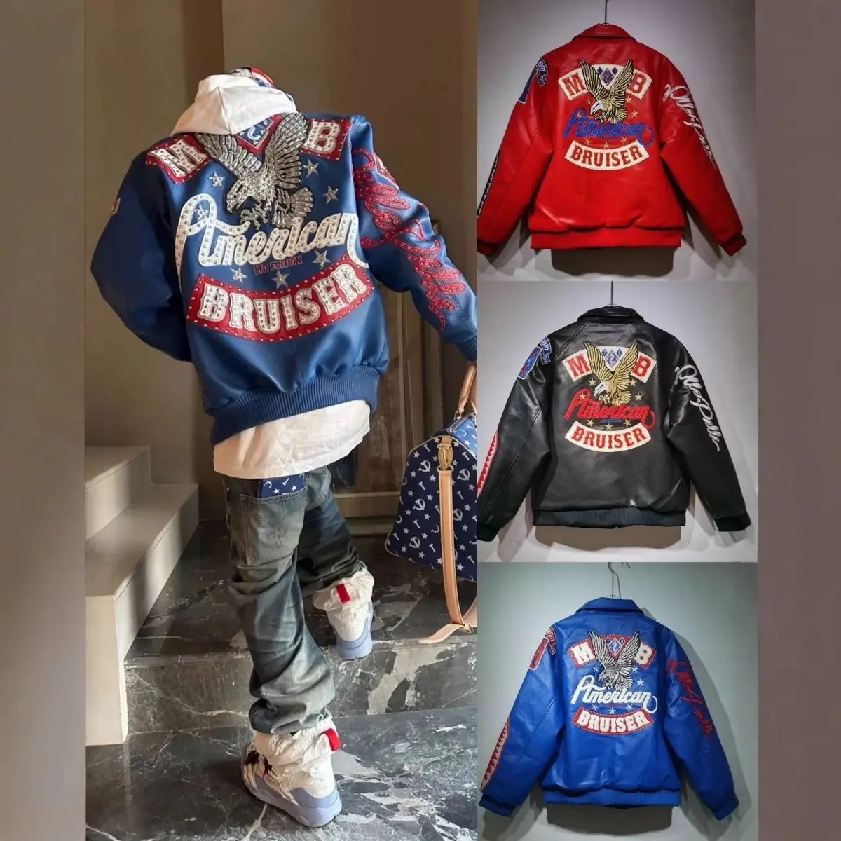 Blouson en cuir brodé style industriel rétro américain, col montant, pour moto, automne/hiver, nouve