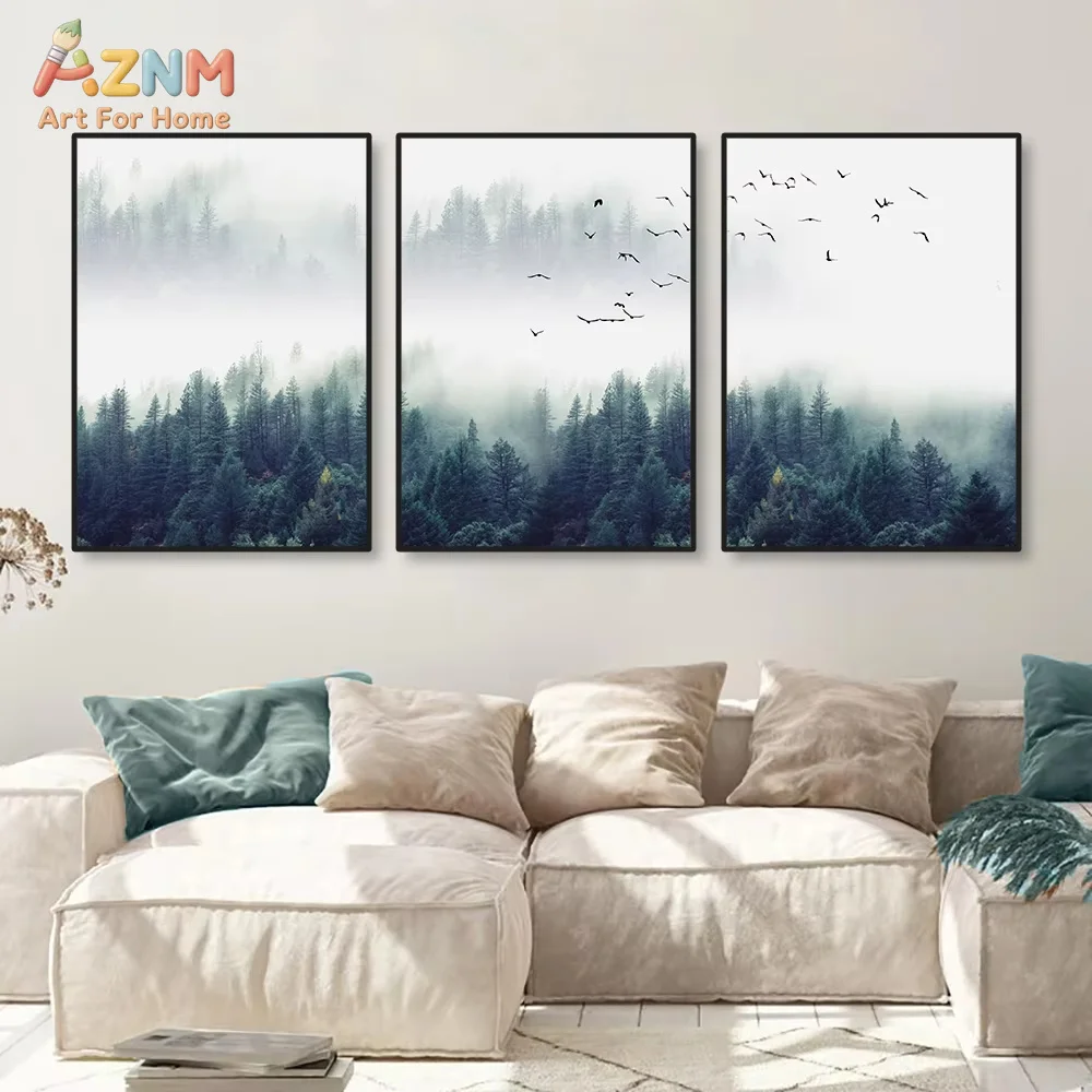 3PCS Landscape Canvas Painting Misty Forests of Evergreen Coniferous Trees Wall Art Poster Giclee Prints Gallery Decor