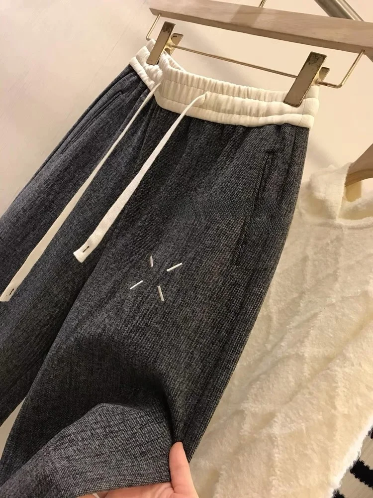 

Sli Embroidered Wide Leg Pants Women's Casual Straight Cut Autumn Winter Faion Color Blo Waist Stitching Eye cher