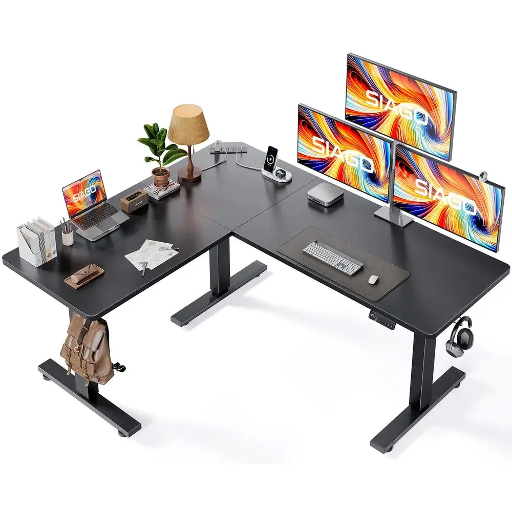 

Угловой стол-трансформер L-образной формы 63 x 55 дюймов с регулировкой высоты, зарядной станцией и памятью настроек положения.