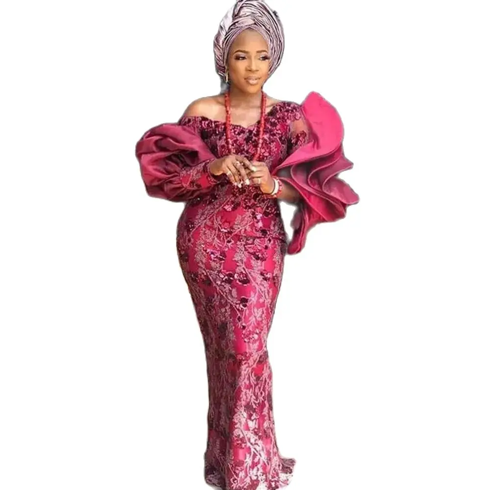 Abiti da sera bordeaux con balza e spalle scoperte da donna africana Abiti da festa a maniche lunghe Abiti da festa per occasioni speciali a sirena 2024