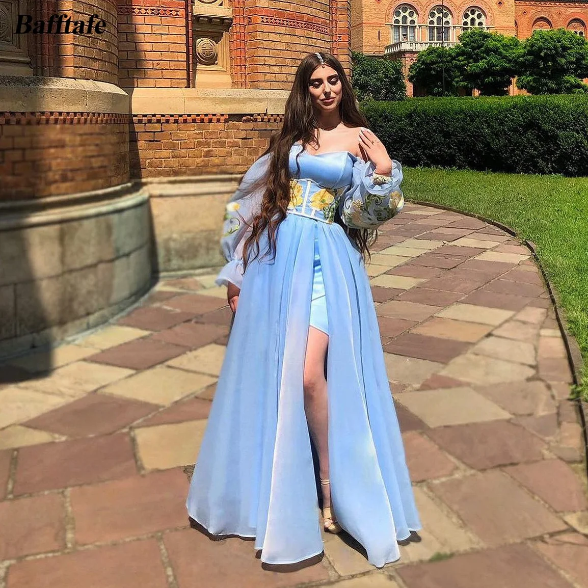 

Bafftafe Blue Organza Prom Gowns Long Puff Sleeves Flowers Formal Evening Gowns Women Special Wedding Party Bridesmaid Dress