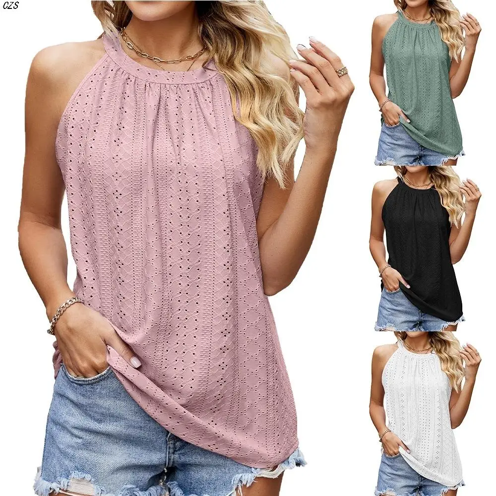 

Summer Women's Tank Top Strap T-irt Polyester Fabric Color round Ne Svel Loose Fit aron Color Commute Sle