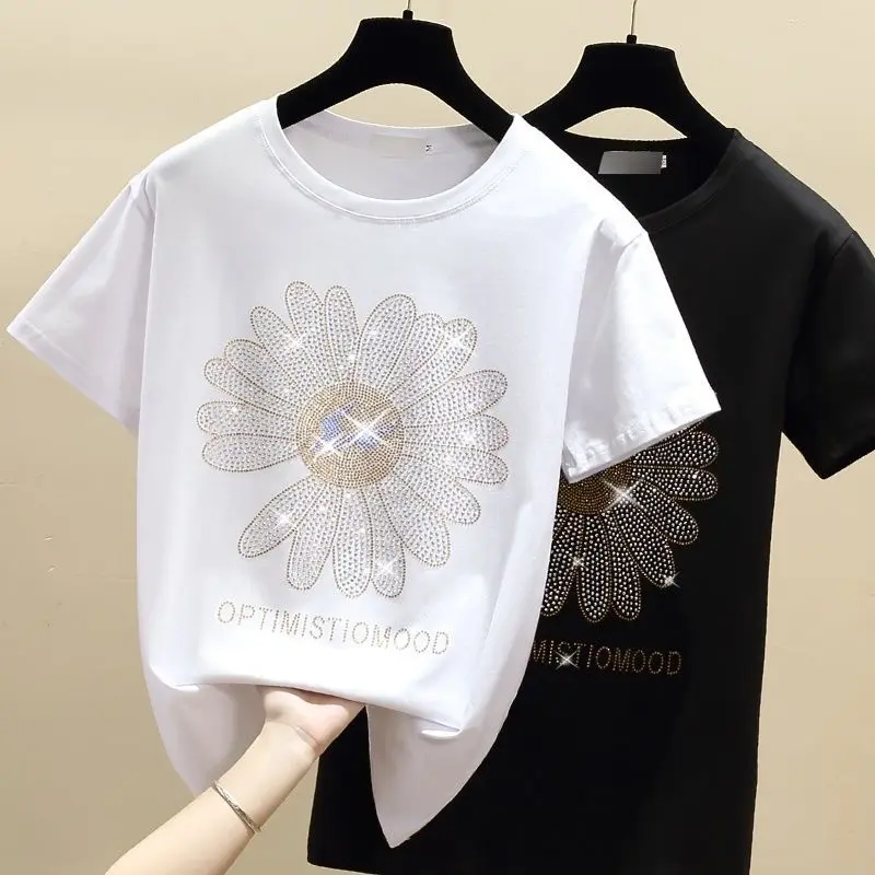 New Fashion Ins Hot Rhinestone Loose T-shirt Women 2023 Summer Small Daisy Short Sleeve Sun Flower Cotton Tshirt Top