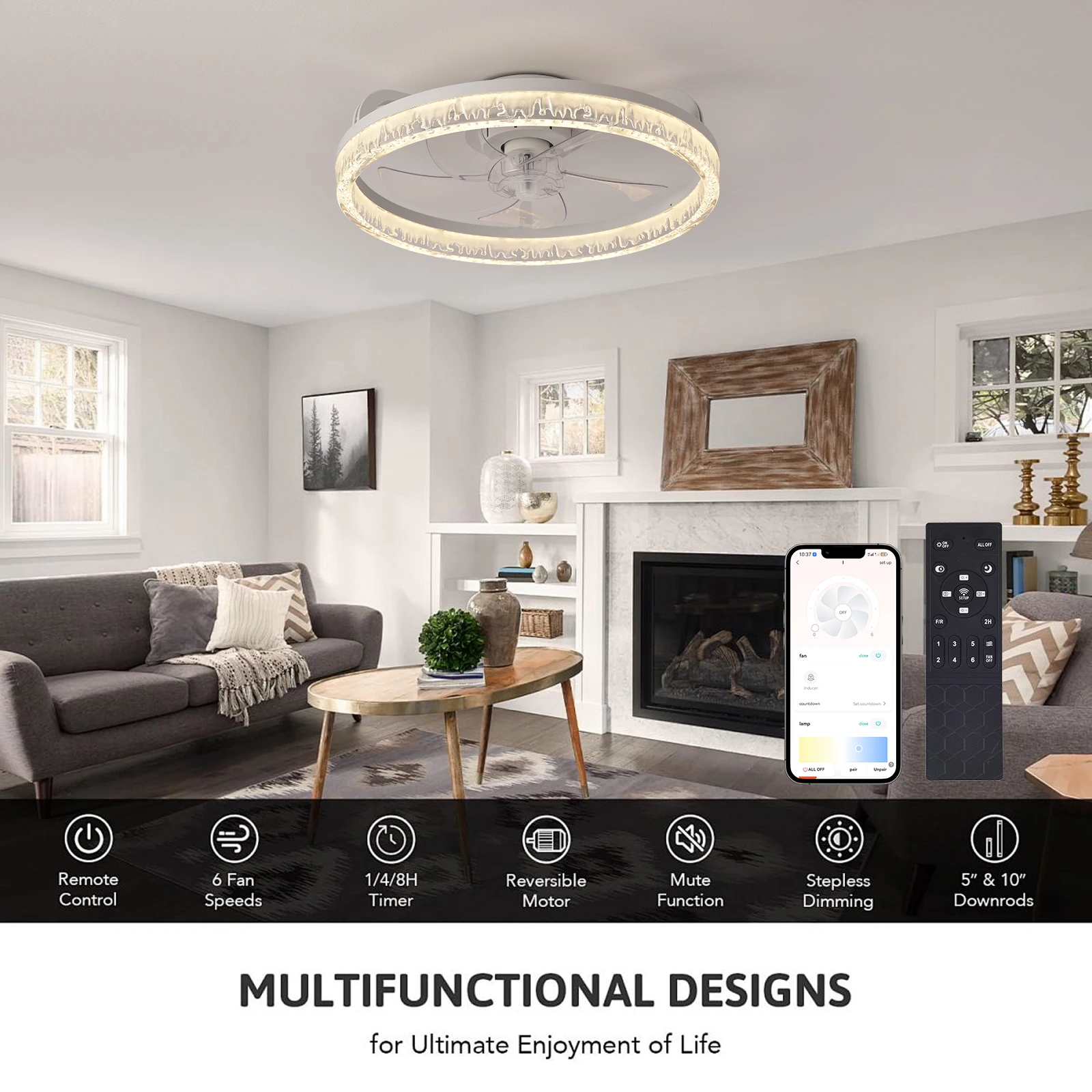 Nordic Crystal Led Lamp with Ceiling Fan 6 Speeds Bedroom DC Ceiling Fan with Remote Control Ceiling Fans with Light Fixture