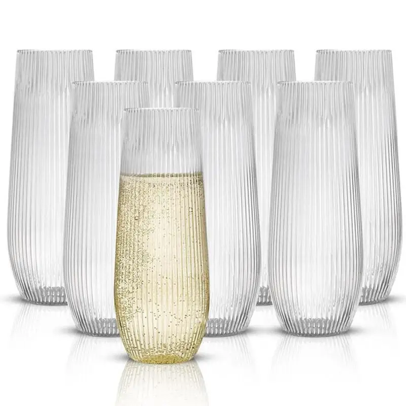 Plastic Ribbed Stemless Wine Glasses 6 Set Clear Shatterproof Cups for Elegant Wedding Party BBQ and Home Entertaining