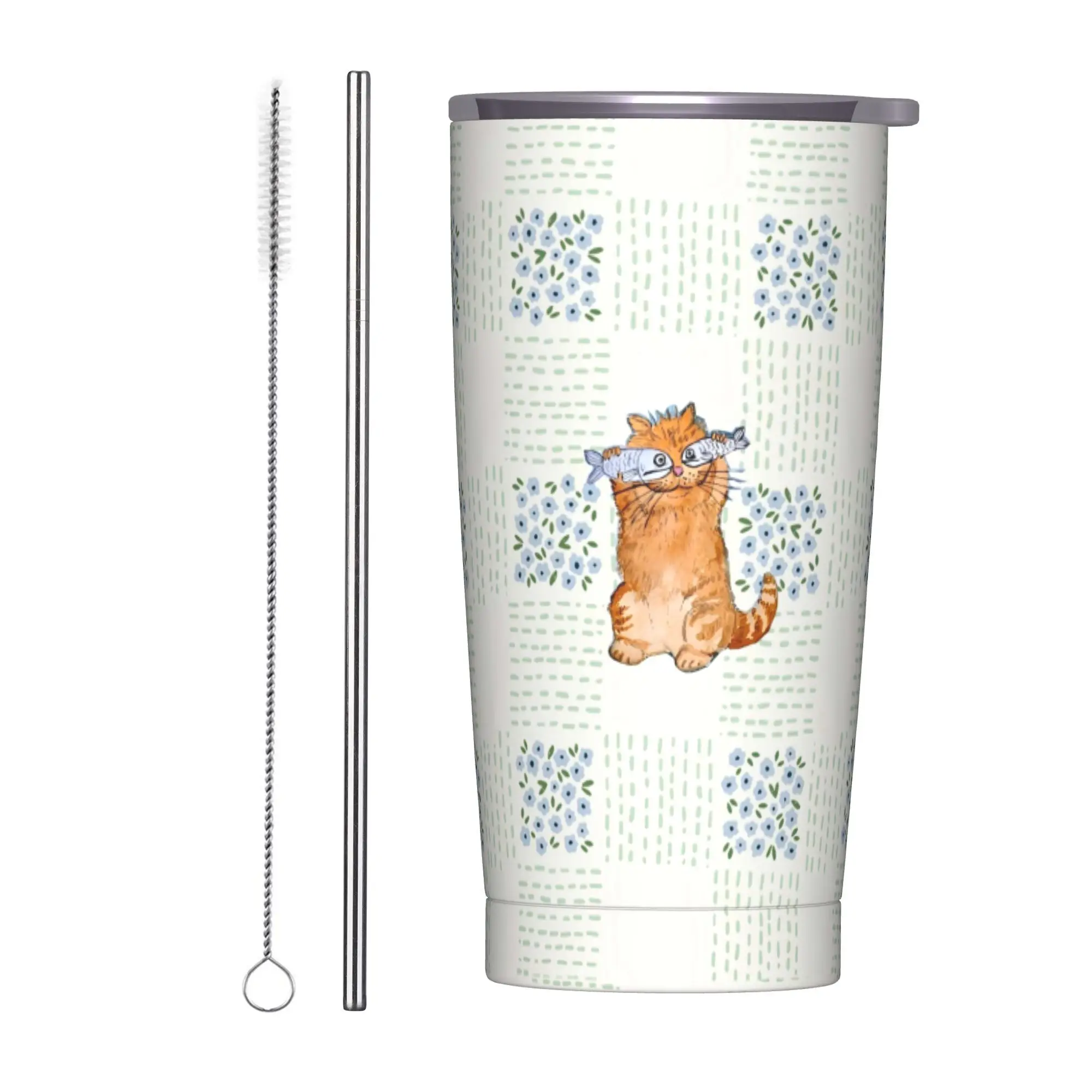 

Cat and Fish Stainless Steel Tumbler Beach Coffee Mug With Straws and Lid Large Capacity Car Mugs Hot Drinks Water Bottle