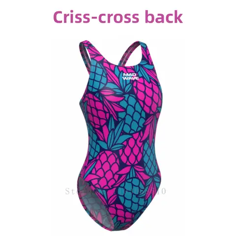 mad wave Triathlon Training Swimsuit Women Criss Cross Back One-piece Casual Beach Bathing Suit Print Bikini Sexy Swimwear