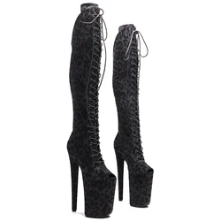 Leecabe 23cm/9 polegadas leopardo impressão superior pequeno dedo do pé aberto moda senhora plataforma de salto alto botas de dança pólo