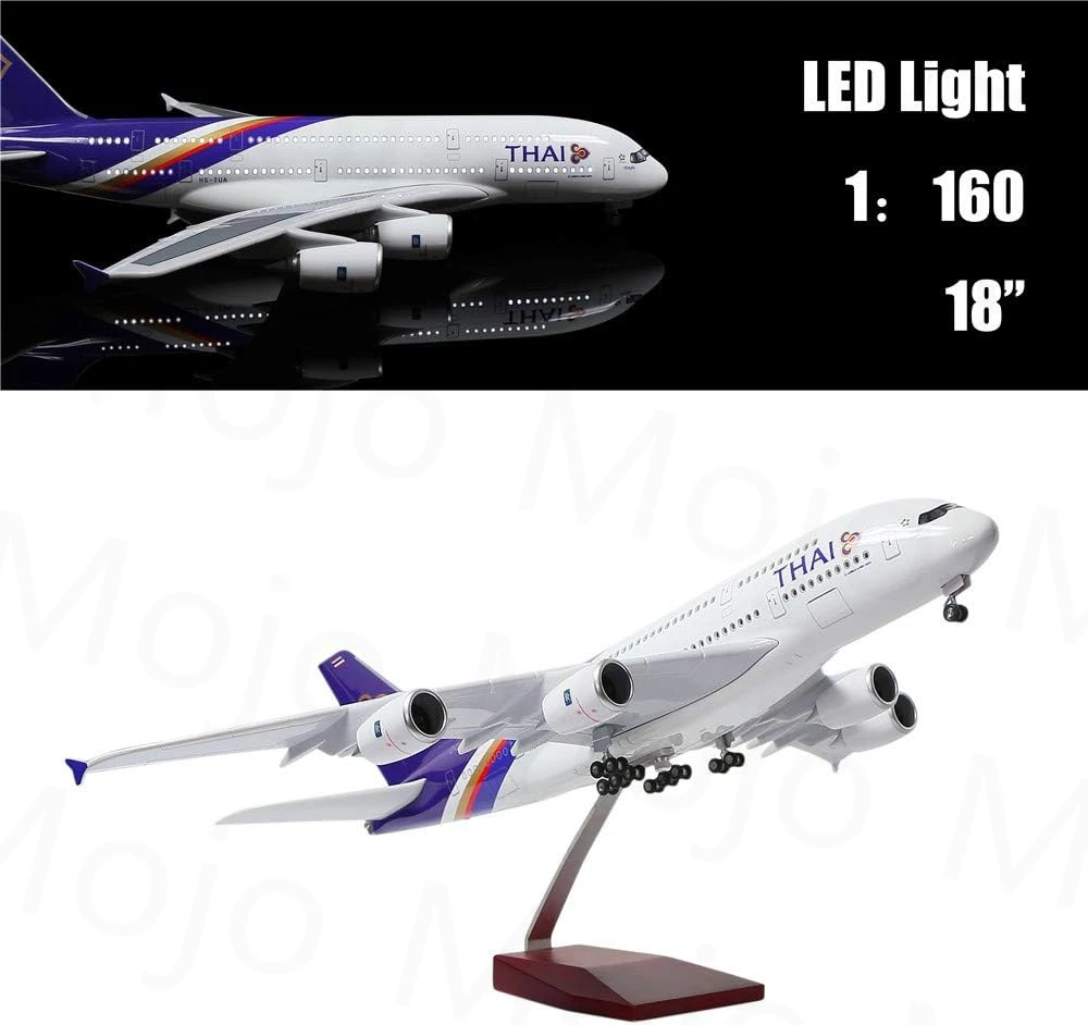

47cm 1:160 Scale Model A380 Thailand Airlines Resin Model Plane Toys With Wheels LED Light Display Diecast Airplane Collectible