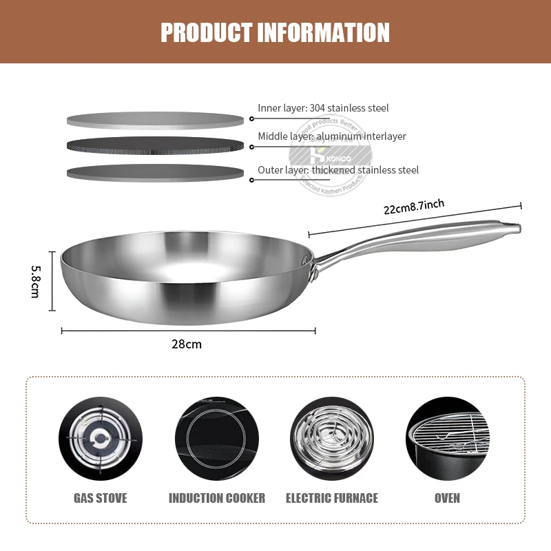 304 Stainless Steel Frying Pan Fried Steak Non Stick Pan Thickened Cooking Pot Compatible with All Kinds of Stoves and Oven Safe