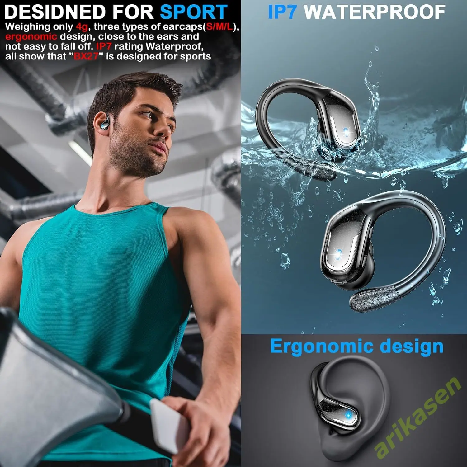 75Hrs Bluetooth 5.3 IP7 Waterproof Wireless Headphones with ENC Noise Cancelling Deep Bass Earhook For Sports Workout Gym Earbud