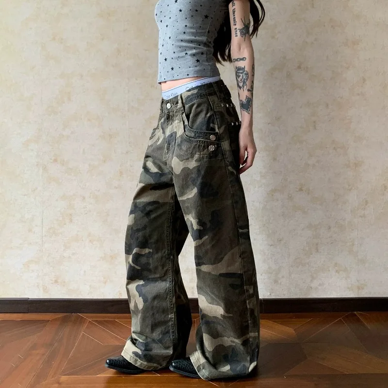 Amerikanische Retro-Camouflage-Hose mit weitem Bein, lockere Freizeithose für Herren und Damen