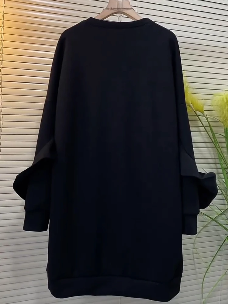 فستان الربيع والخريف بفيونكة حلوة متوسطة الطول كلاسيكي برقبة دائرية سميكة، فساتين سوداء فضفاضة متعددة الاستخدامات بأكمام طويلة #4