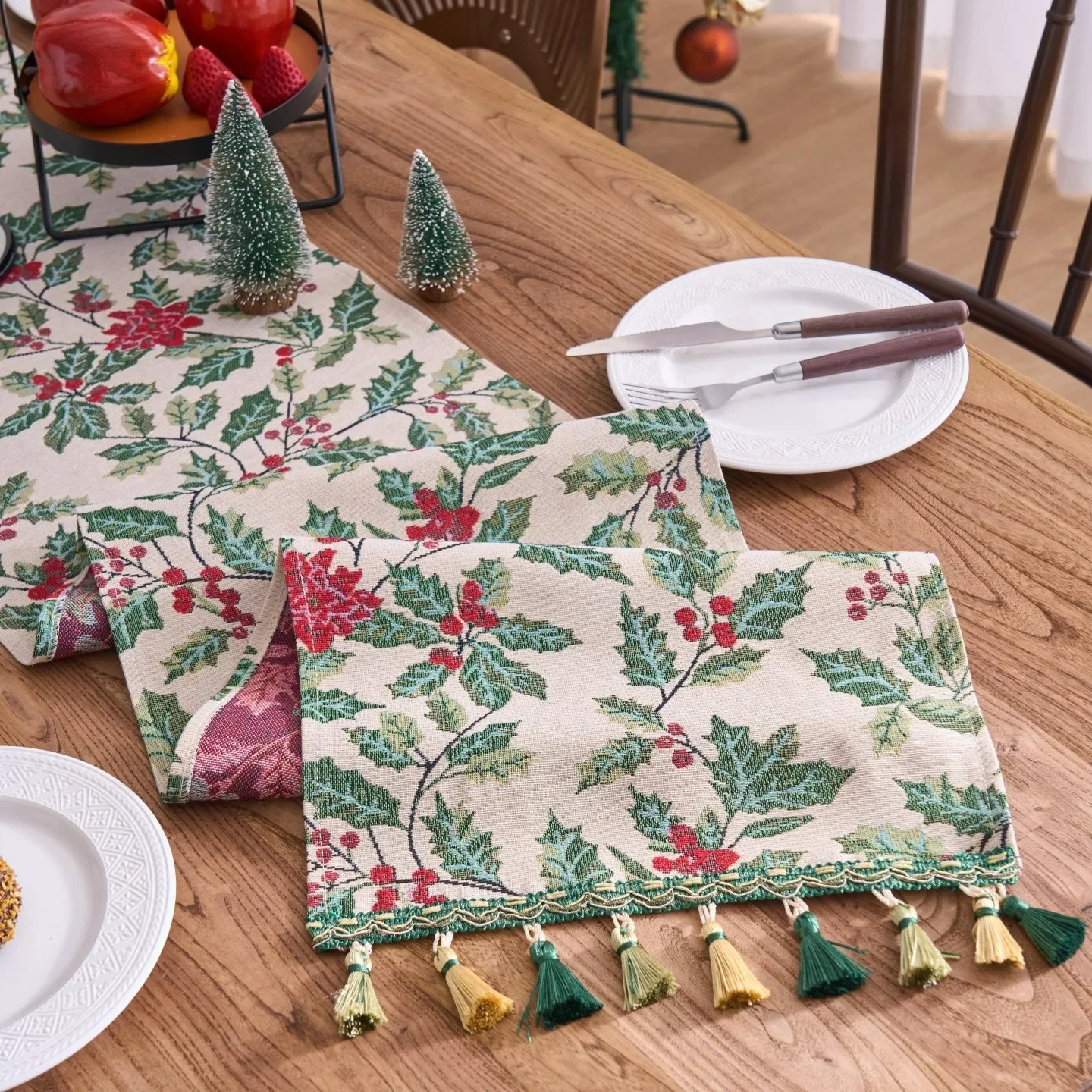 1pc Green Leaf Jacquard Table Runner with Tassel Design, American Country Vintage Style Kitchen Decorative Cloth