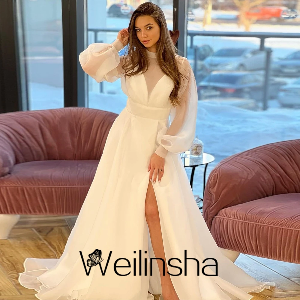 Customized Weilinsha Exquisite V Neck Wedding Dresses Asymmetrical Organza Court Train Full Sleeve Bridal Gowns Summer Robe De M