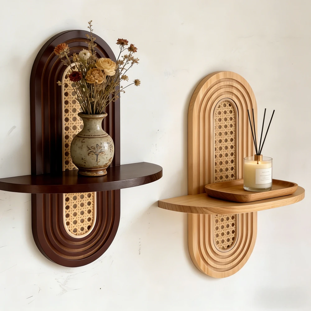 2pcs Mid-Century Wooden Wall Shelf with Woven Rattan Detail - Bohemian Vintage Minimalist Home Decor, Decorative Floating Shelf