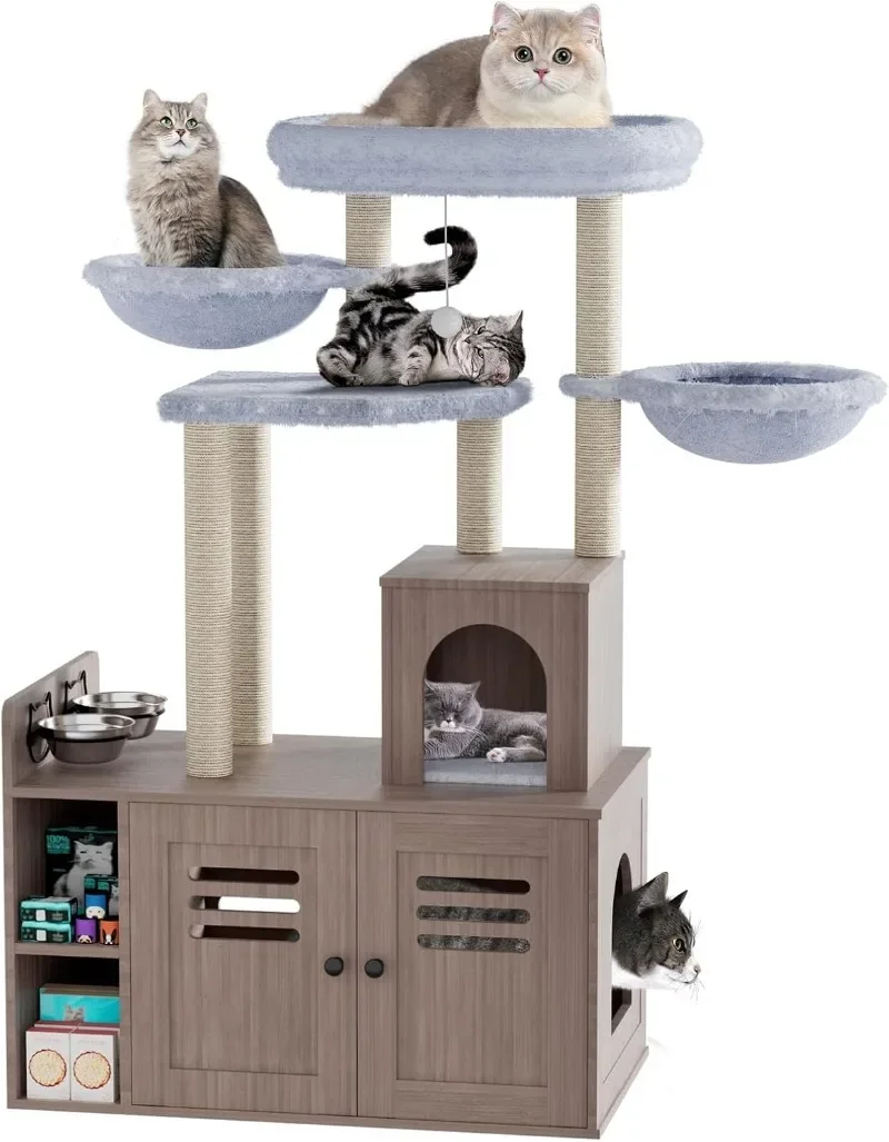 

Cat Tree with Litter Box Furniture Hidden Enclosure, with Large Platform, Cat House with Scratching Posts and Feeding Station