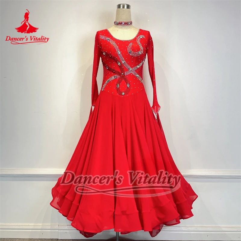 ชุดเต้นรำสังคมมาตรฐาน แขนยาว สำหรับการแสดงและแข่งขันระดับมืออาชีพ พร้อมสร้อยคอ ออกแบบตามสั่งสำหรับนักเต้นผู้ใหญ่ที่มีความมีชีวิตชีวา