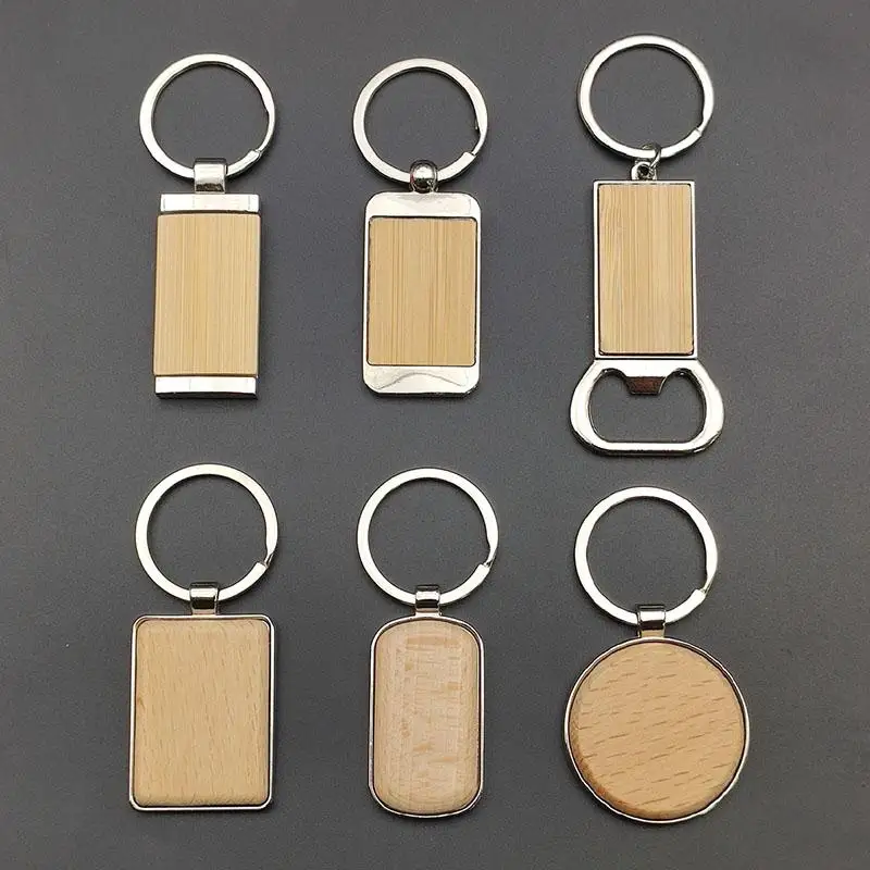 Handmade Various Shapes Wooden Keychain Laser Engraved Tags Keyring Car Bag Key Ring Chain Bottle Opener Stainless Steel Gift