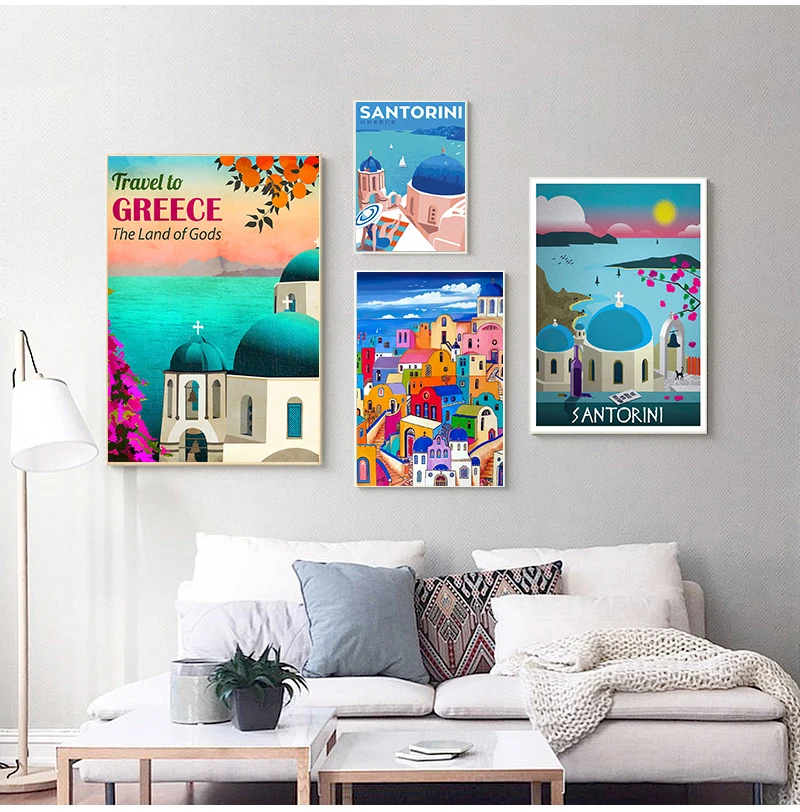 Travel to Greece Santorini Island Canvas Painting Vintage Wall Kraft Posters Coated Wall Stickers Home Decorative Pictures Gift