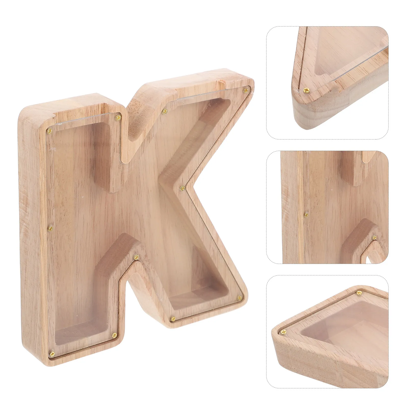 Wooden Alphabet Money Box – Transparent Letter-Shaped Savings Jar for Kids, Desktop & Room Decoration