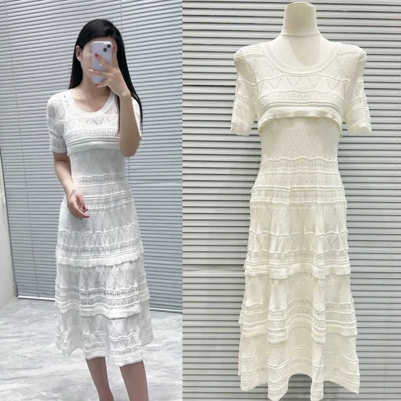 مجموعة فساتين CHUJIE 2025 الصيفية المحبوكة - فستان جاكار دانتيل بقصة ضيقة برقبة دائرية + زلة، فسكوزي مطاطي + مزيج نايلون #2