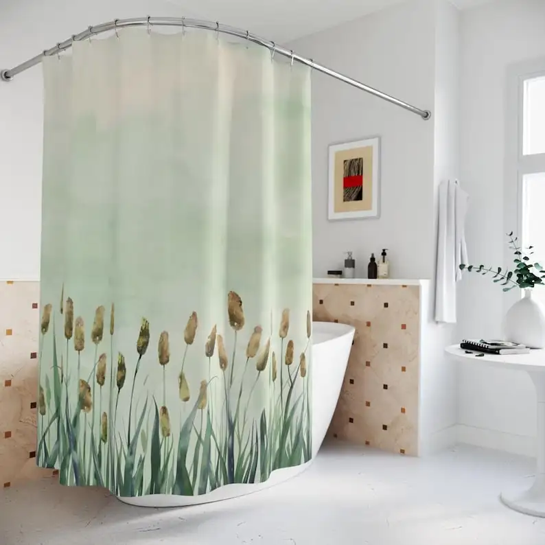 Cattail Shower Curtain Nature-Inspired Design Serene Wetland Decor Easy to Hang Calming Reed Theme