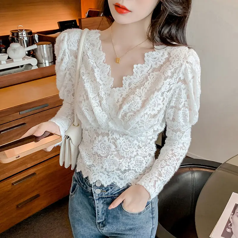 Elegant V-Neck Oversized Lace Hollow Out Puff Sleeve Blouse Summer and Autumn Sexy Tops Loose Women\'s Clothing Commute Shirt