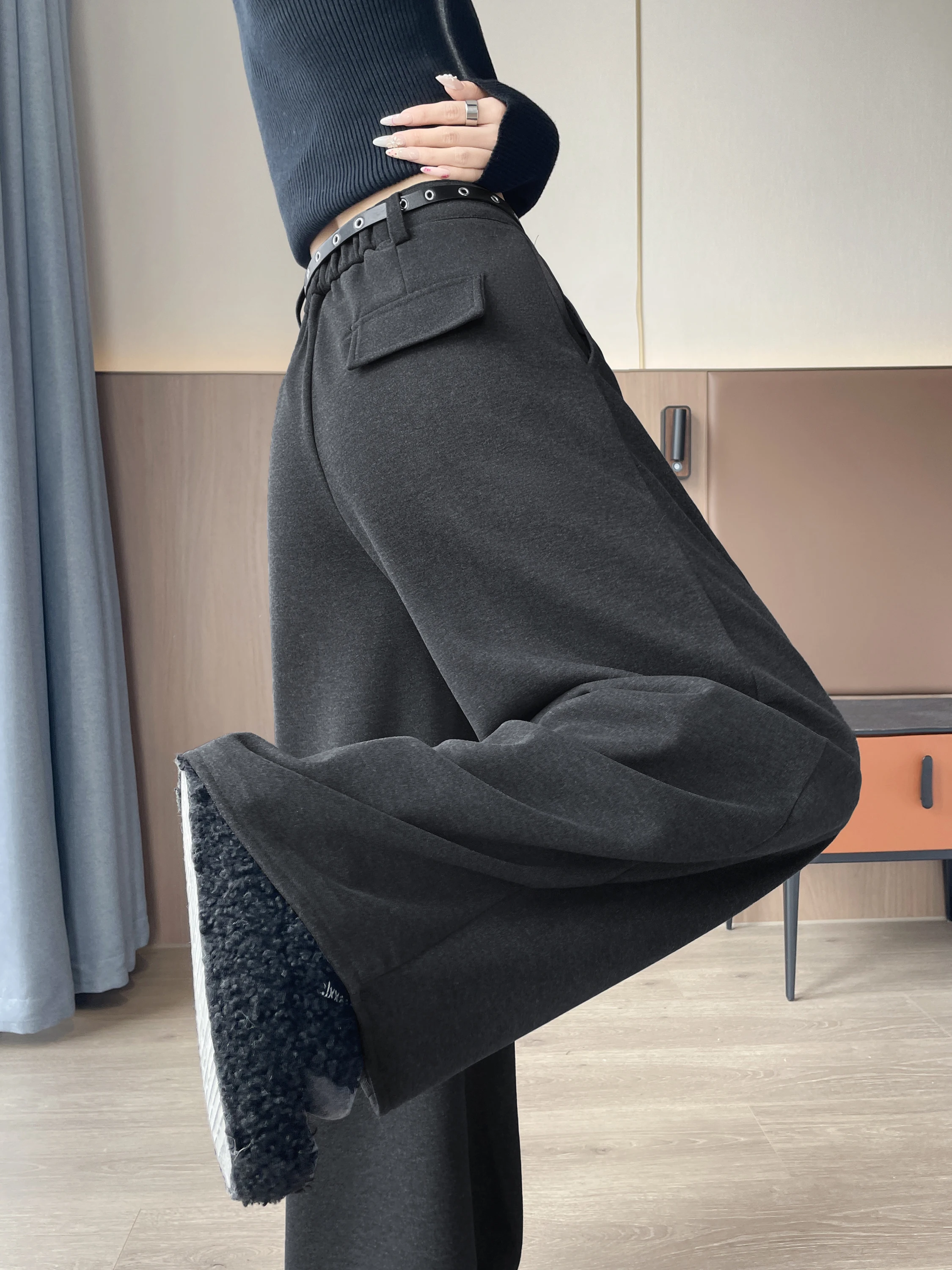 Thiened Fce Weite Anzughose mit Hoher Taille, Koreanischer Stil, Winter-Freizeithose für Damen, Bodenlange, Fließende Hose