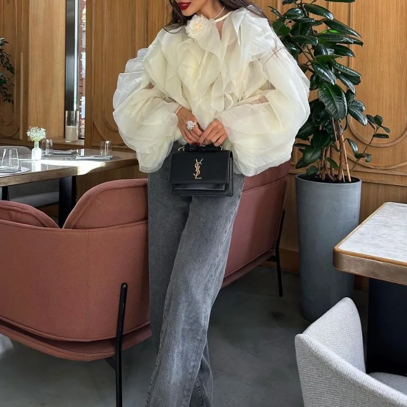 Crew neck pulôver multi-camada plissado borda emenda camisa feminina manga longa curto em torno do pescoço fungo borda moda topo feminino