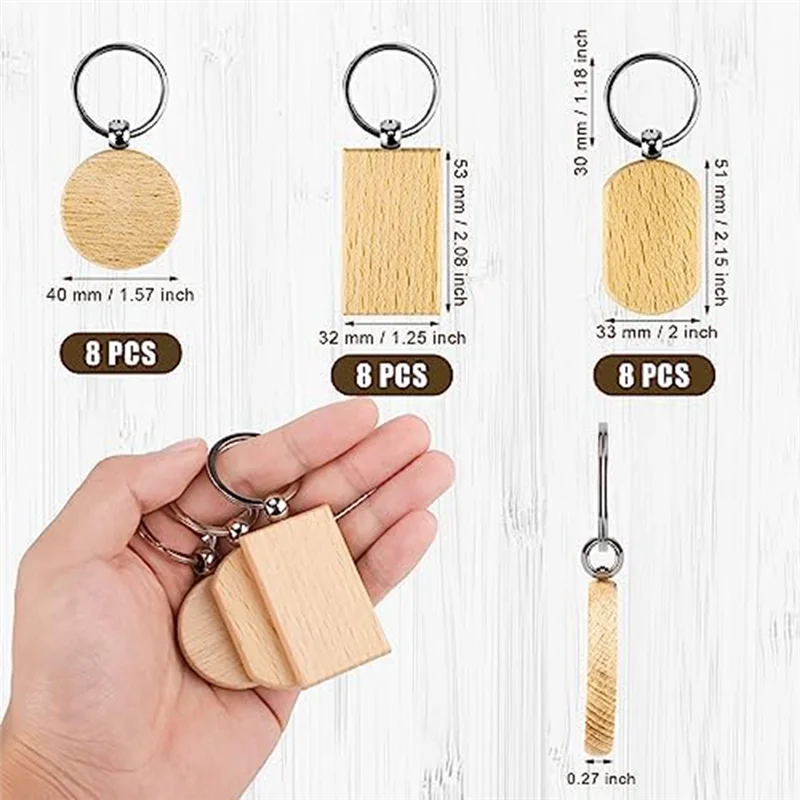 AB7-24Pcs Wooden Keychain Blanks, Engraving Blanks Wood Blanks Unfinished Wooden Key Ring Key Tag for DIY Gift Crafts