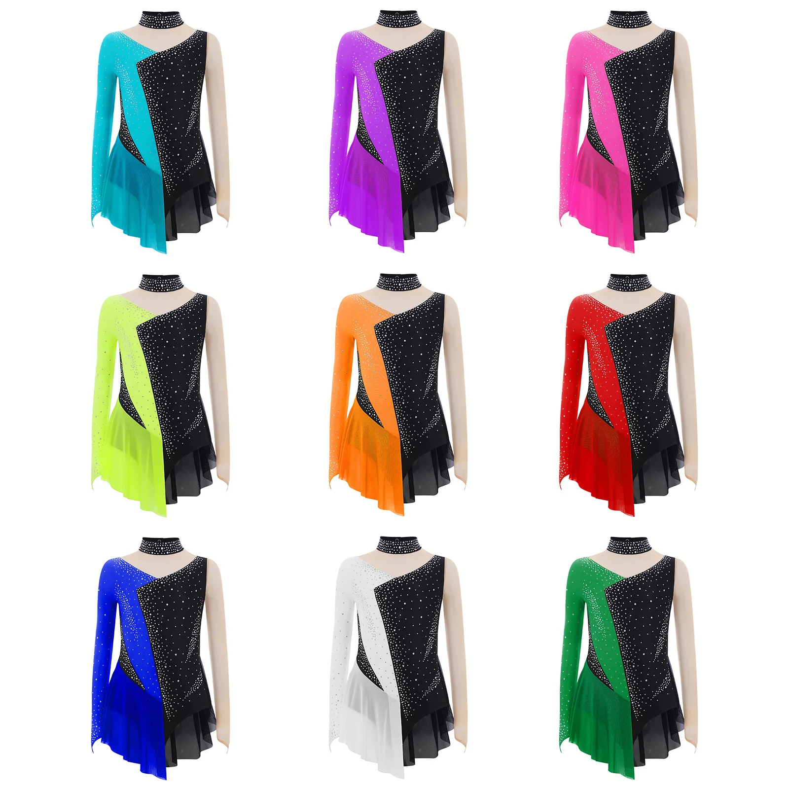 Sukienka do łyżwiarstwa figurowego, baletu, gimnastyki, trykot, sukienka liryczna dla dzieci i dziewcząt, zdobiona cyrkoniami, z blokami kolorów, z przezroczystej siateczki, patchworkowa.