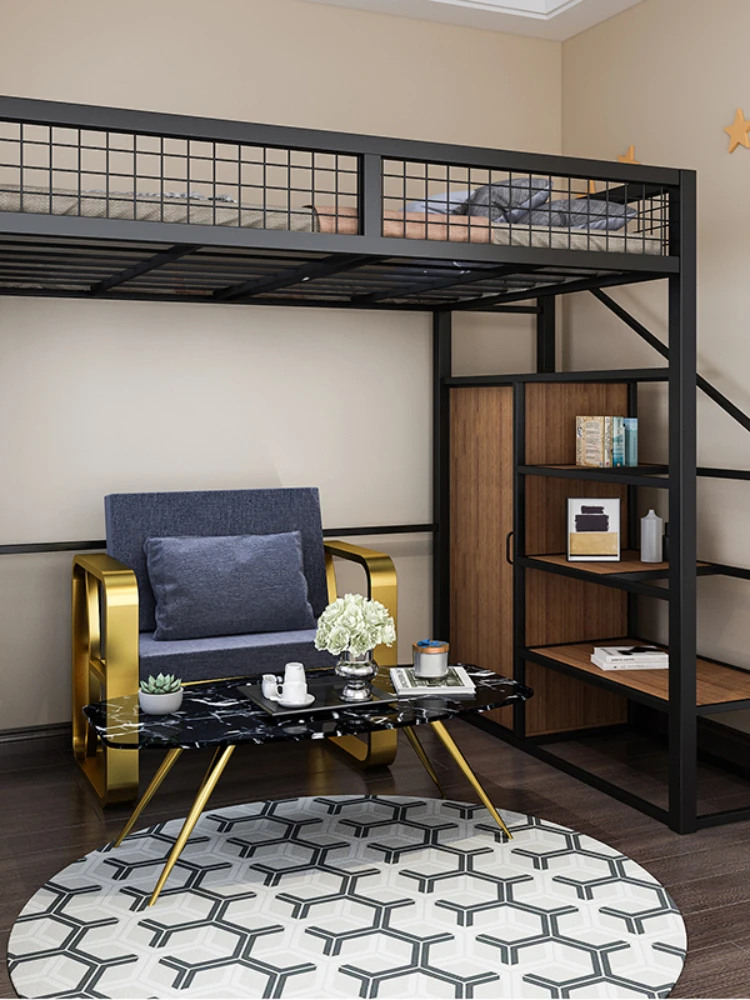 Upper and Lower Empty Single Apartment Iron Bunk Bed Multi-Functional Elevated Bed Wardrobe Small Apartment