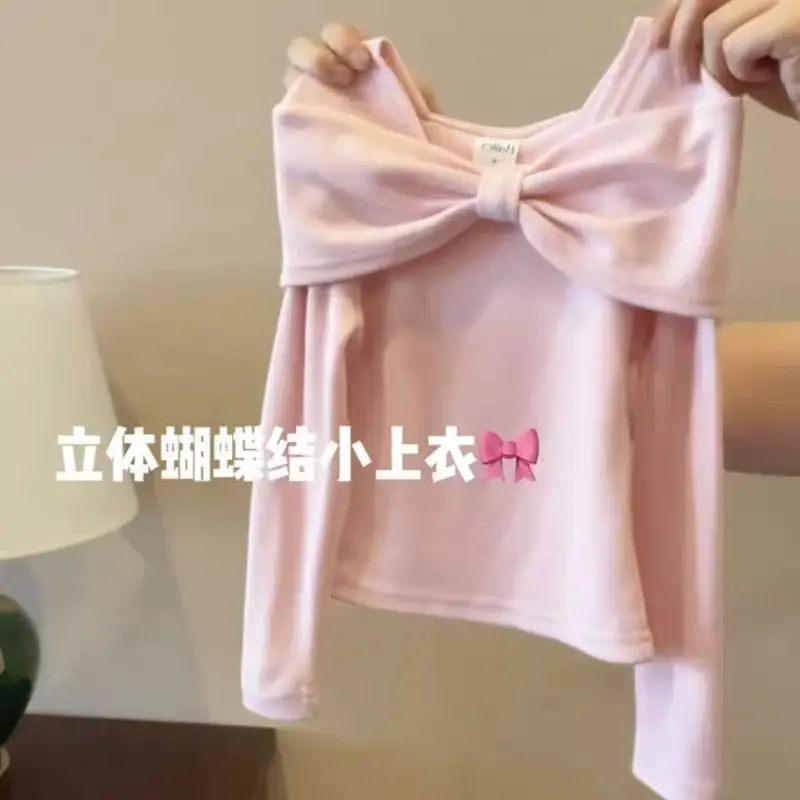 Girls Spring Autumn Long Sleeve T-Shirt Fashion Princess Bow Shoulder Tshirt Korean Versatile Tops Children Fashion Clothes 2-12