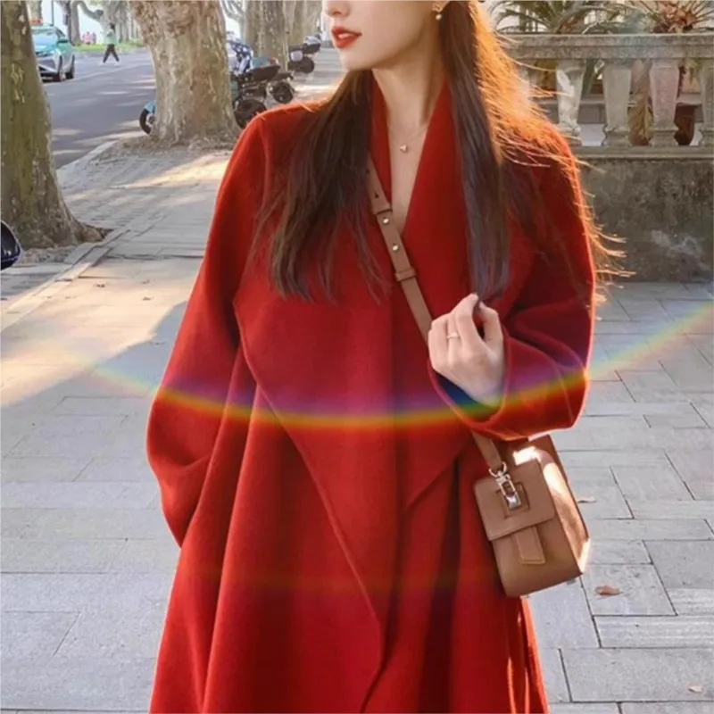 

A new red mid-length woolen coat for women