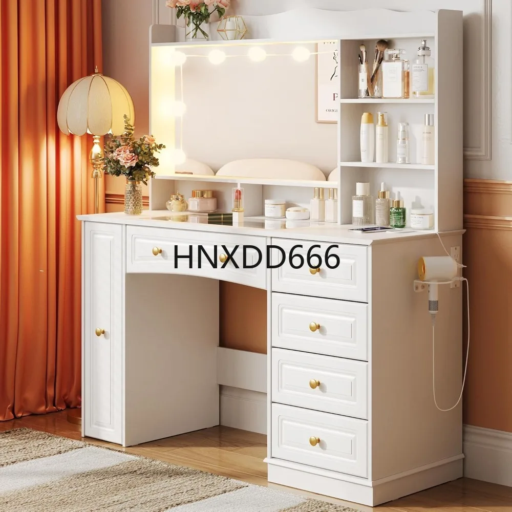 

Makeup Vanity with Mirror and Lights, White Vanity Desk with Drawers and Shelves, Large Makeup Table with Glass Top