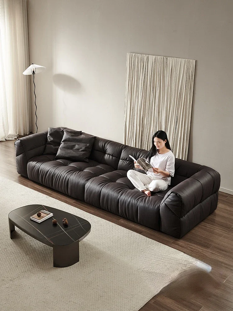 Leather Sofa Straight Row Small Apartment Pull Buckle Cloud Cowhide Light Luxury Combination Designer