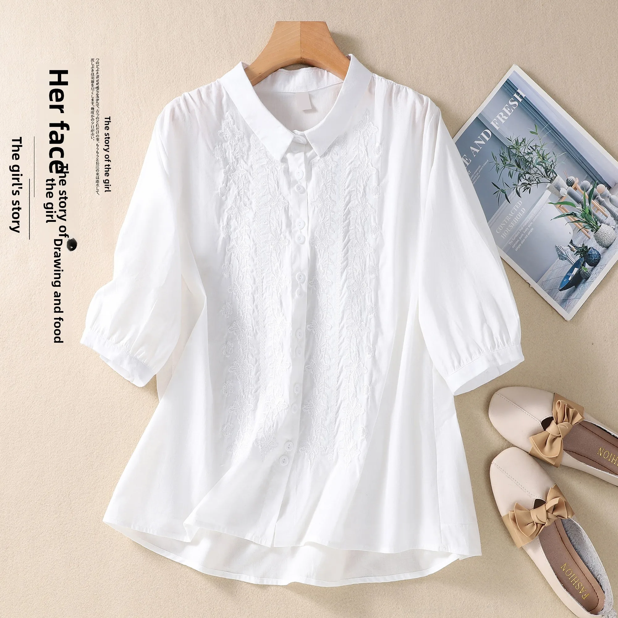 

Retro Heavyweight Embroidered Linen ort Sve irt Women Summer Thin Five Sve Loose High End Ele Top Collar