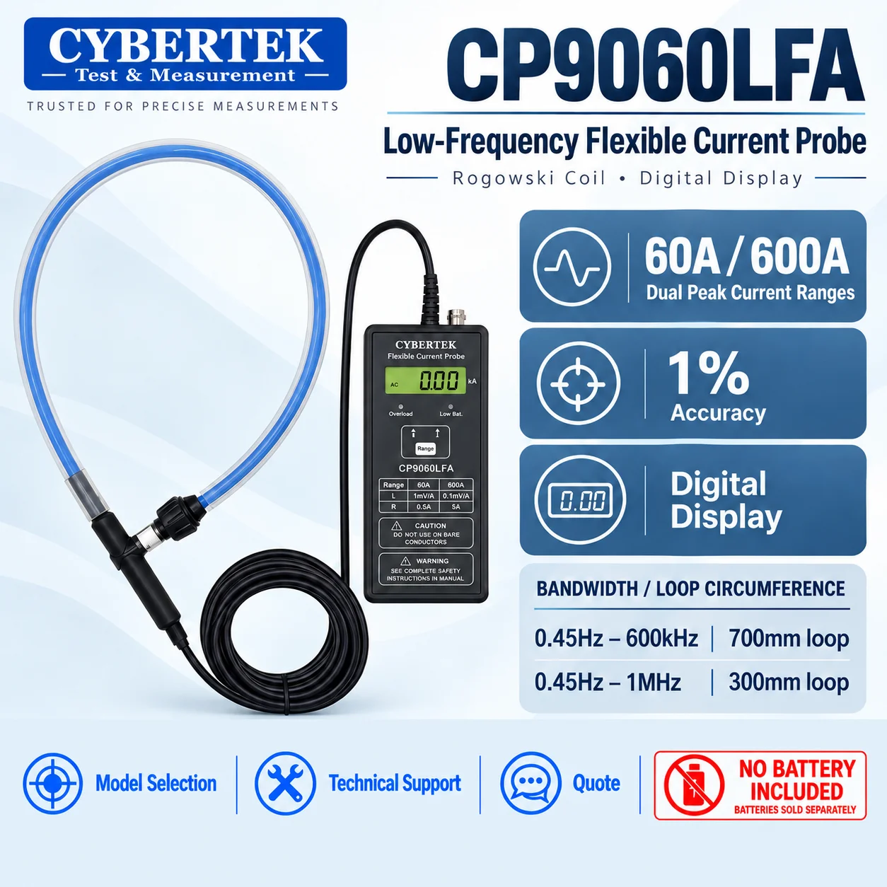 CYBERTEK CP9060LFA Digital Dual-Range Low-Frequency Flexible Rogowski Coil Current Probe, 120kA, 10kV Insulation, Oscilloscope