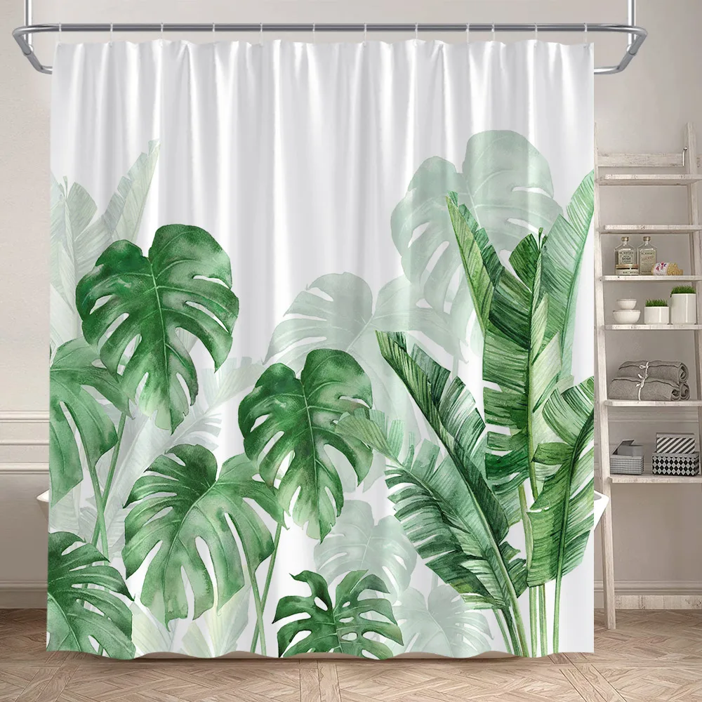 Tropical Leaves Shower Curtain Green Palm Leaf Monstera Plant Bath Curtains Set Polyester Fabric Home Bathroom Decor with Hooks