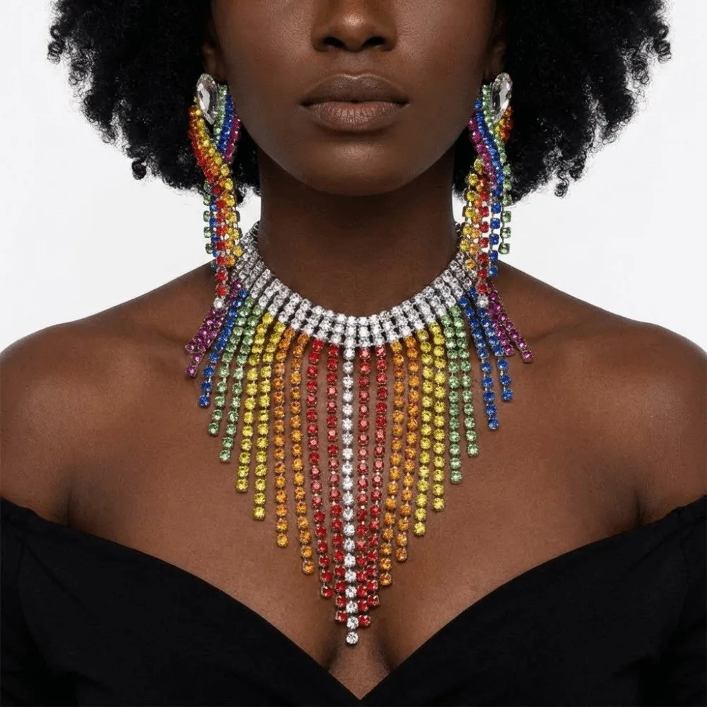 

Exquisite Vintage Rainbow Tassel Jewelry Set Elegant Chain Rhinestone Crystal Necklace Colorful Shiny Ear Studs Party