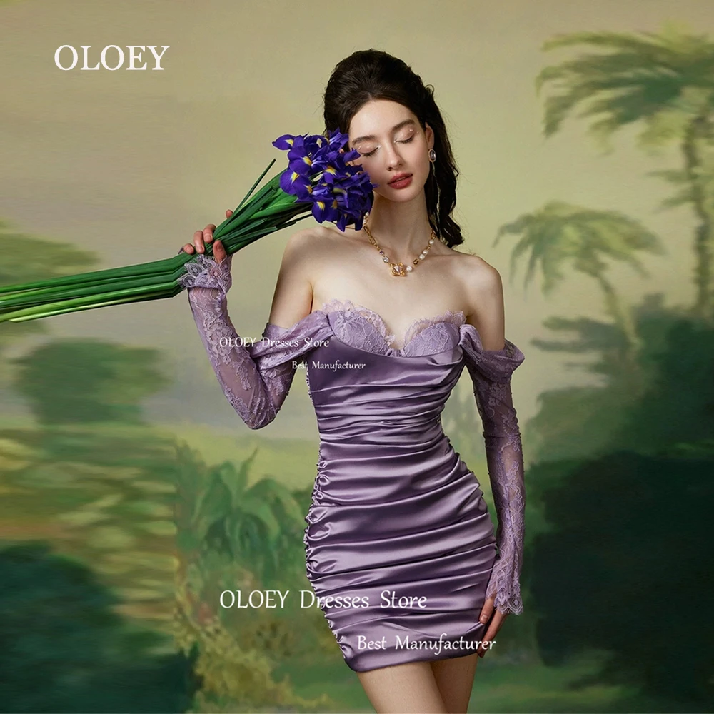 

OLOEY Exquisite Satin Short Cocktail Dresses Sexy Lace Long Sleeves Wedding Party Dresses Summer Dresses Zipper Back Custom Made