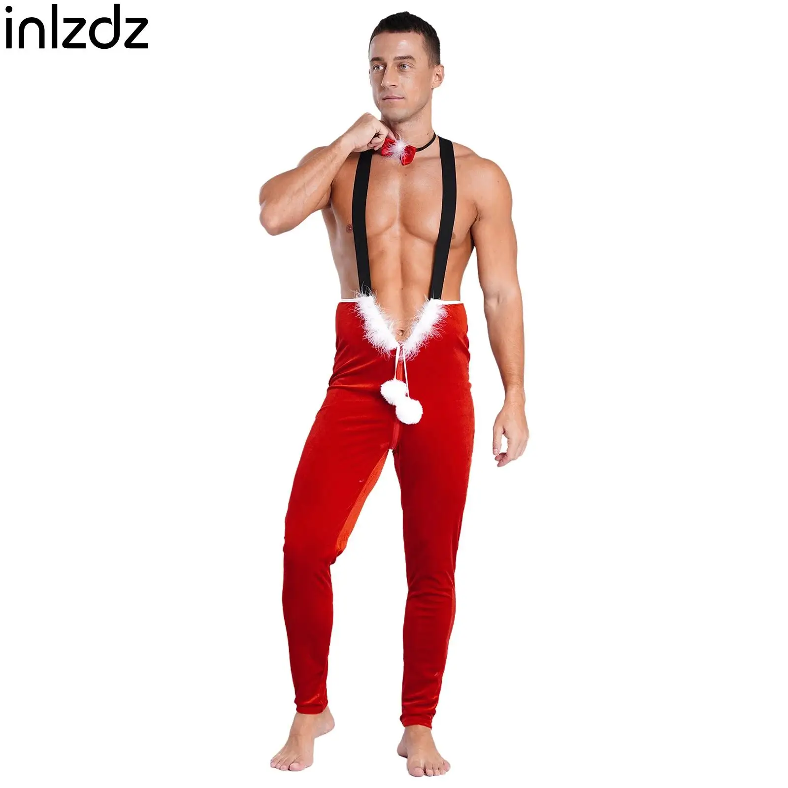 جديد الرجال عيد الميلاد سانتا كلوز تأثيري حلي أفخم الكرة سستة حزام بذلة + Bowknot مجموعة شريط حول ياقة الملابس لحفلة نادي الأداء